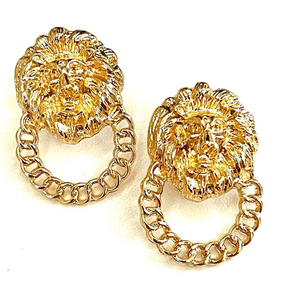 NEW Earrings LION HEAD Big Cat Door Knocker Style Jewelry Pierced Post j14 - Picture 1 of 7